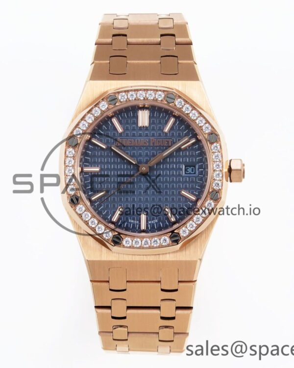 Audermars Piguet Lady Royal Oak 33mm RG 8F reference-accurate Blue Dial Diamonds Bezel on RG Bracelet Swiss Quartz — custom-built watch