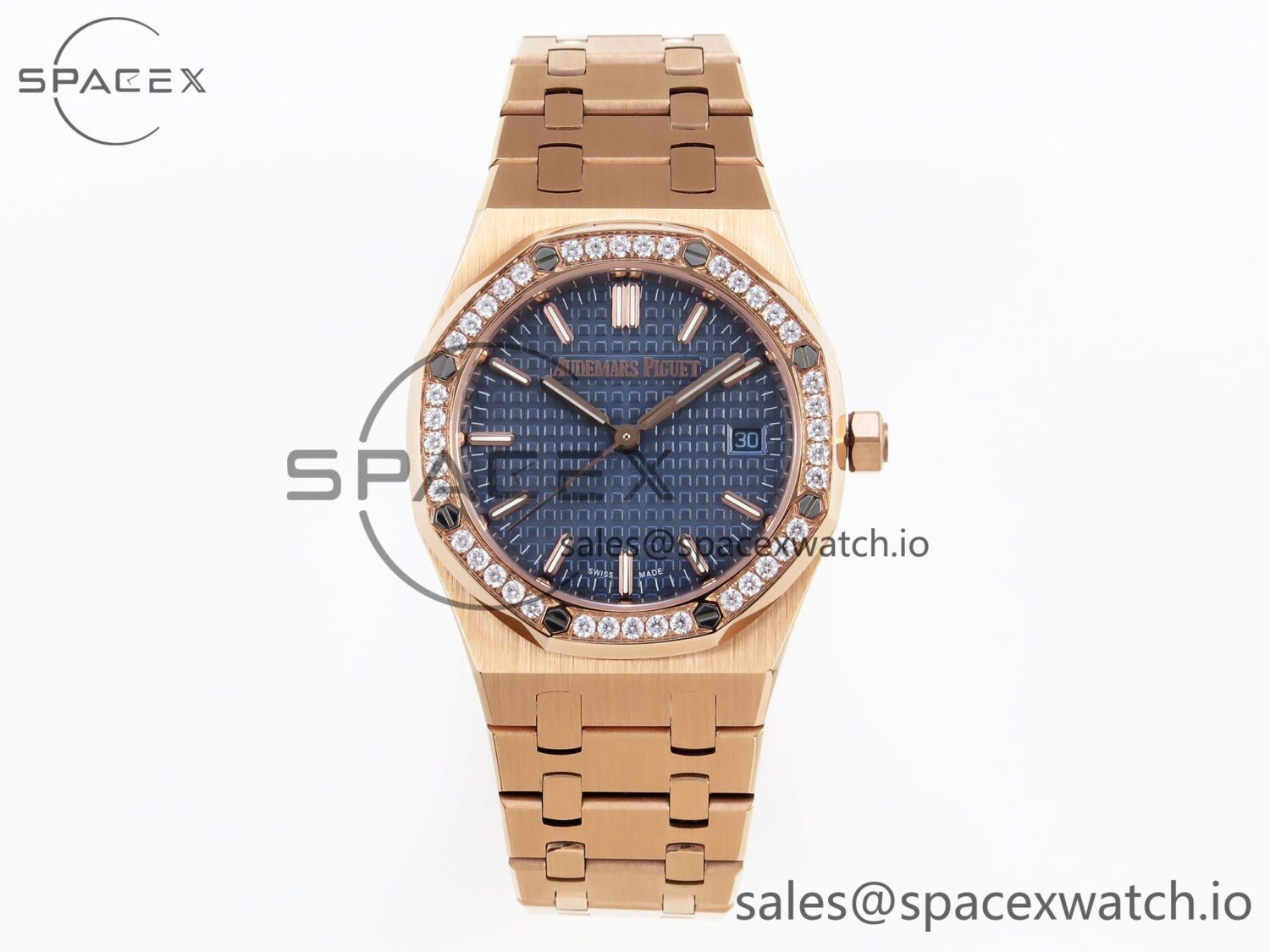 Audermars Piguet Lady Royal Oak 33mm RG 8F reference-accurate Blue Dial Diamonds Bezel on RG Bracelet Swiss Quartz — custom-built watch