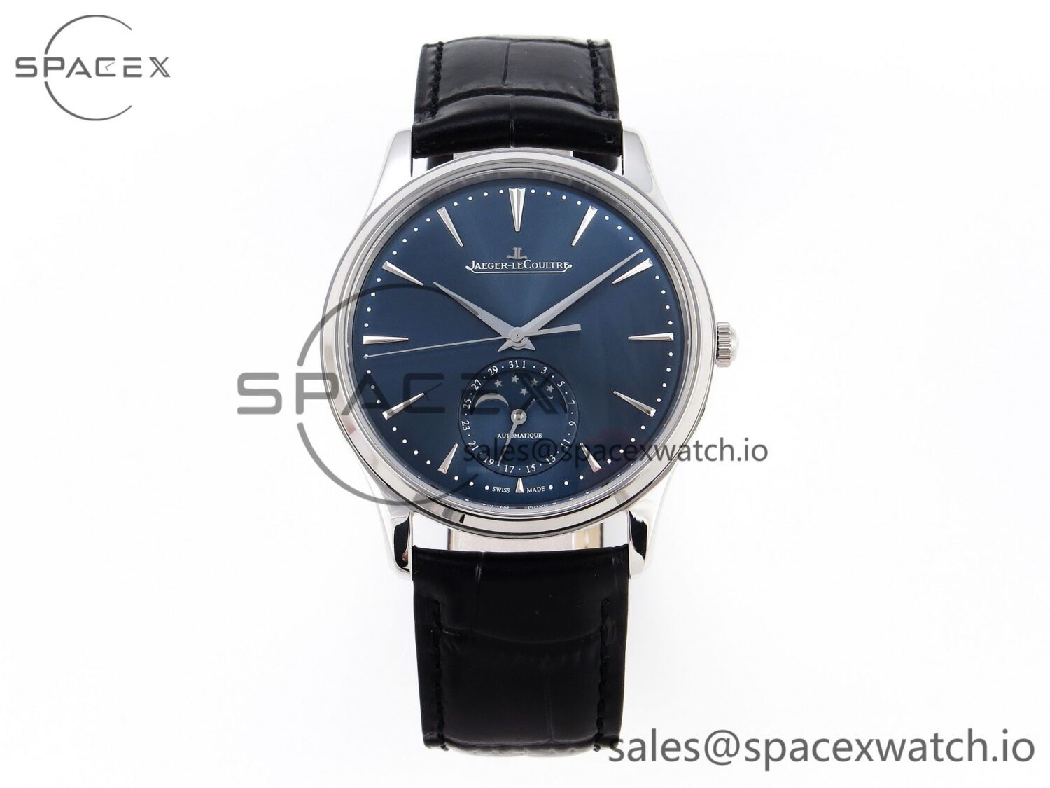 Jaeger-Lecoultre Master Ultra Thin Moon 1368420 SS ZF reference-accurate Blue Dial on Black Leather Strap SA925 hand-finished build V2 — custom-built watch