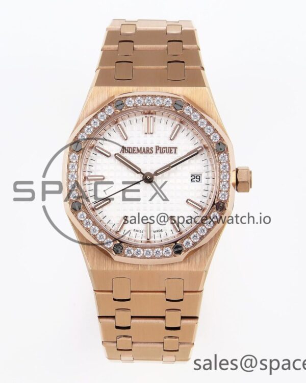 Audermars Piguet Lady Royal Oak 33mm RG 8F reference-accurate White Dial Diamonds Bezel on RG Bracelet Swiss Quartz — custom-built watch