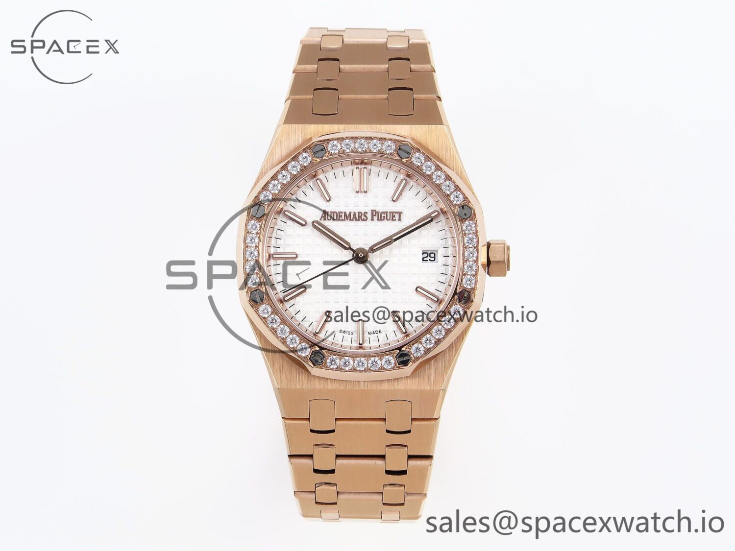Audermars Piguet Lady Royal Oak 33mm RG 8F reference-accurate White Dial Diamonds Bezel on RG Bracelet Swiss Quartz — custom-built watch
