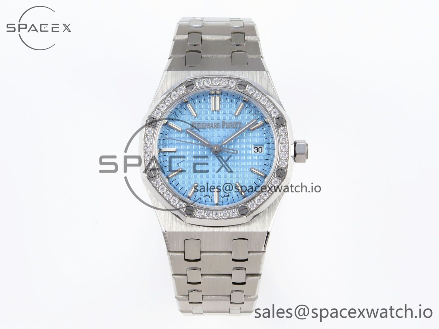 AUDEMARS PIGUET ROYAL OAK 34MM SS BF BEST EDITION ICE BLUE DIAL DIAMONDS BEZEL ON SS BRACELET A5800 — custom-built watch