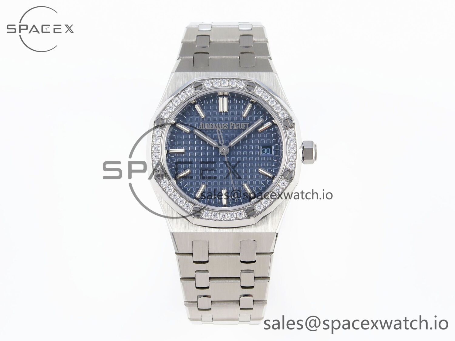 AUDEMARS PIGUET ROYAL OAK 34MM SS BF BEST EDITION BLUE DIAL DIAMONDS BEZEL ON SS BRACELET A5800 — custom-built watch