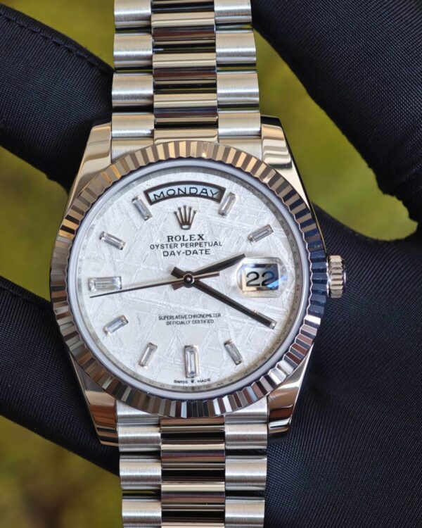 Rolex Day Date 228239 meteorite dial, weighted case, strap, electroplated 18K white gold craftsmanship, dial correction, solid needle shaft, 3255 integrated movement — custom-built watch