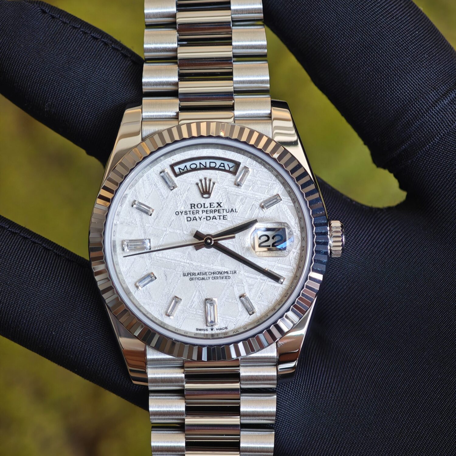 Rolex Day Date 228239 meteorite dial, weighted case, strap, electroplated 18K white gold craftsmanship, dial correction, solid needle shaft, 3255 integrated movement — custom-built watch