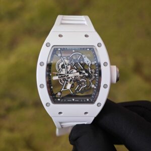 Richard Mille RM-055 white ceramic, ZF case, Vaucher RMUL2 super movement, natural white rubber strap, titanium buckle — custom-built watch