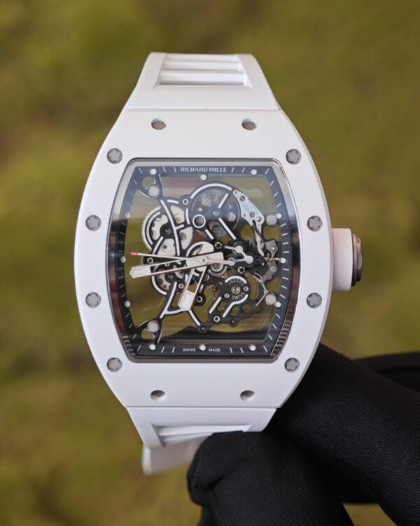 Richard Mille RM-055 white ceramic, ZF case, Vaucher RMUL2 super movement, natural white rubber strap, titanium buckle — custom-built watch