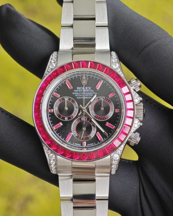 Rolex Daytona VIP watch model 126599TRU reference-accurateCNC customized case, strap, buckle, customized best dial, and hands. Handmade inlaid natural ruby outer ring, Dandong 4130 movement — custom-built watch