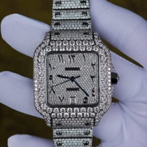 Customized full diamond Cartier Sandus watch, handcrafted with natural diamonds according to Swiss craftsmanship, featuring a full diamond Middle Eastern digital hour dial — custom-built watch