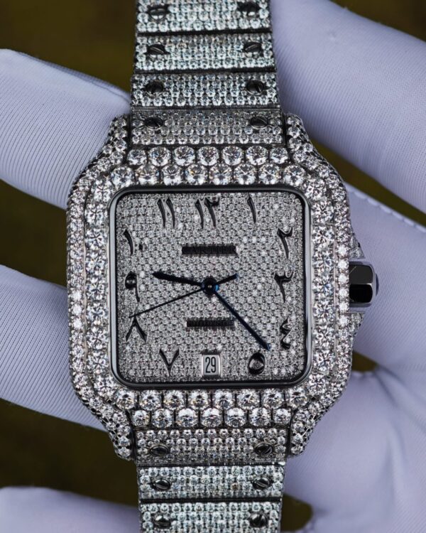Customized full diamond Cartier Sandus watch, handcrafted with natural diamonds according to Swiss craftsmanship, featuring a full diamond Middle Eastern digital hour dial — custom-built watch