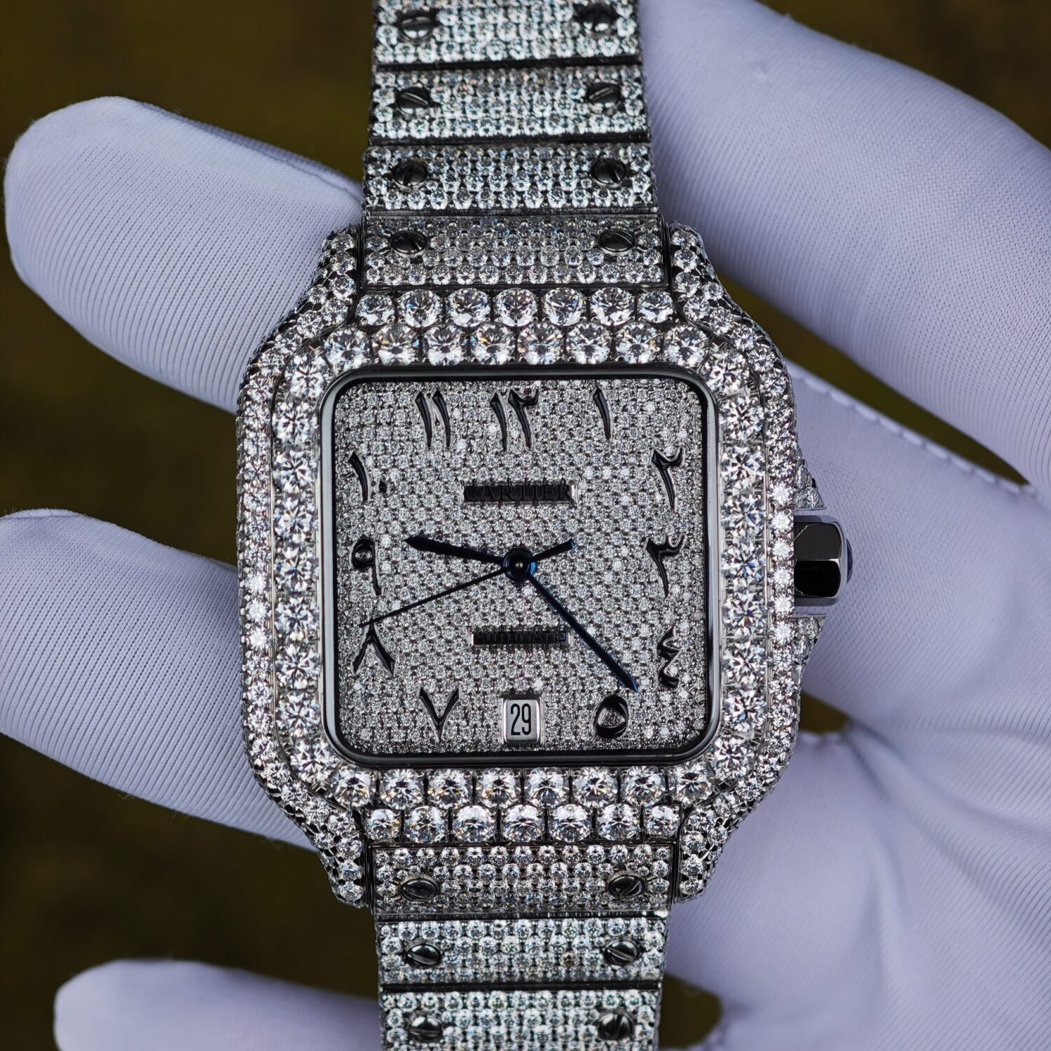 Customized full diamond Cartier Sandus watch, handcrafted with natural diamonds according to Swiss craftsmanship, featuring a full diamond Middle Eastern digital hour dial — custom-built watch
