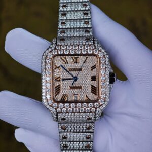 Customized rose gold color scheme all diamond Cartier Sandus watch, handmade with natural diamonds according to Swiss craftsmanship, equipped with a customized all diamond rose gold dial — custom-built watch