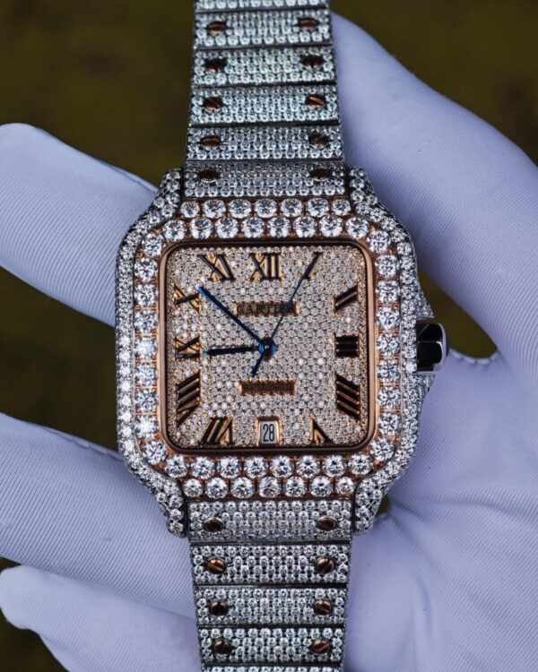 Customized rose gold color scheme all diamond Cartier Sandus watch, handmade with natural diamonds according to Swiss craftsmanship, equipped with a customized all diamond rose gold dial — custom-built watch