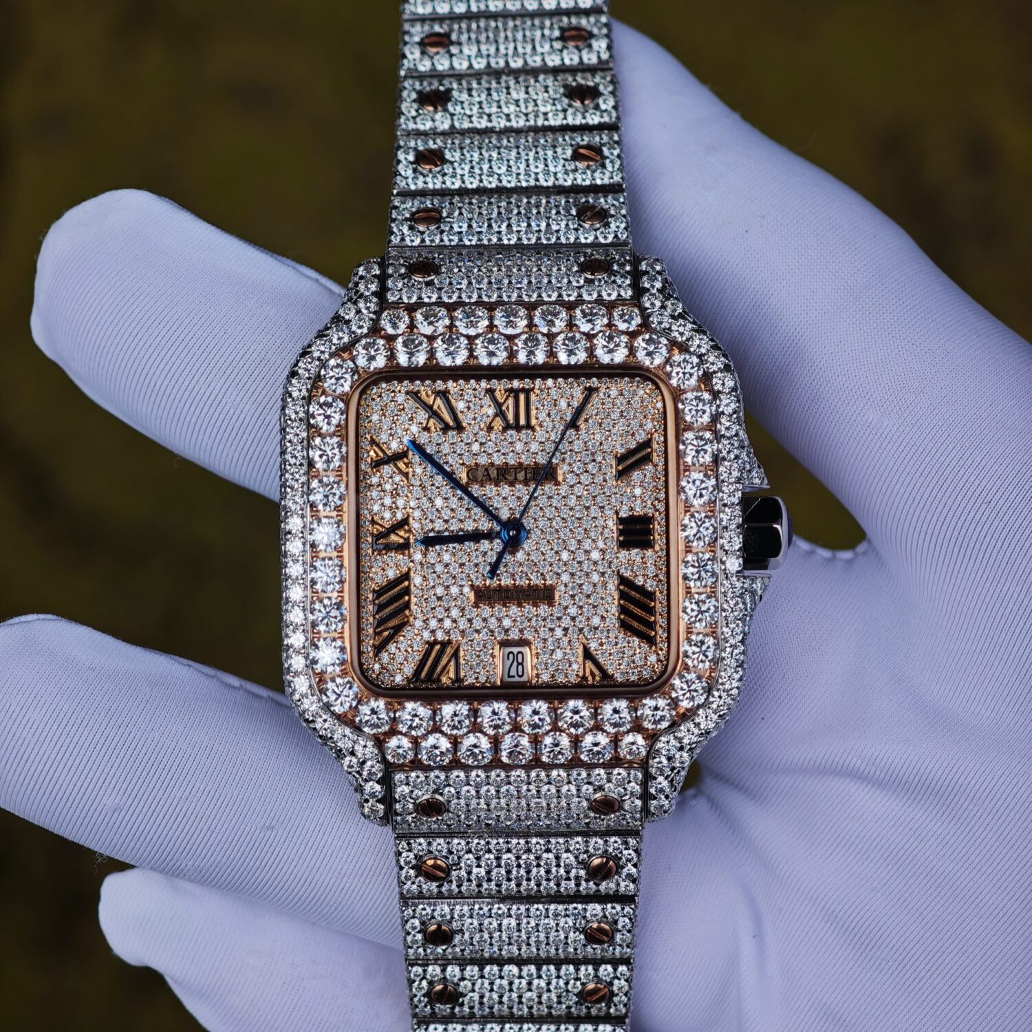 Customized rose gold color scheme all diamond Cartier Sandus watch, handmade with natural diamonds according to Swiss craftsmanship, equipped with a customized all diamond rose gold dial — custom-built watch