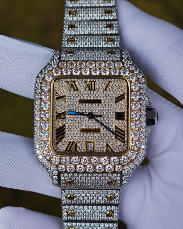 Customized gold color all diamond Cartier Sandus watch, handmade with natural diamonds according to Swiss craftsmanship, equipped with a customized all diamond gold dial and a reference-accuratecustomized 1847 movement — custom-built watch