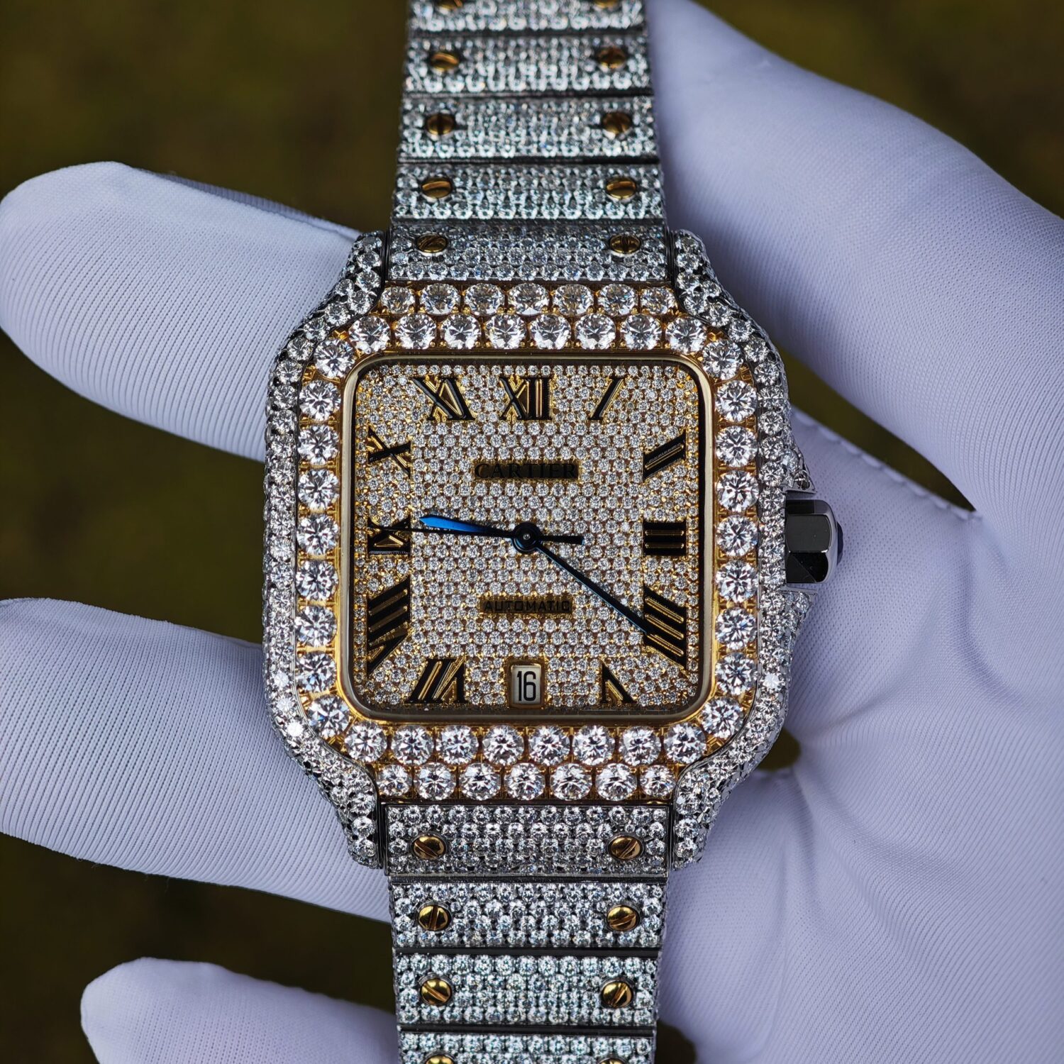 Customized gold color all diamond Cartier Sandus watch, handmade with natural diamonds according to Swiss craftsmanship, equipped with a customized all diamond gold dial and a reference-accuratecustomized 1847 movement — custom-built watch