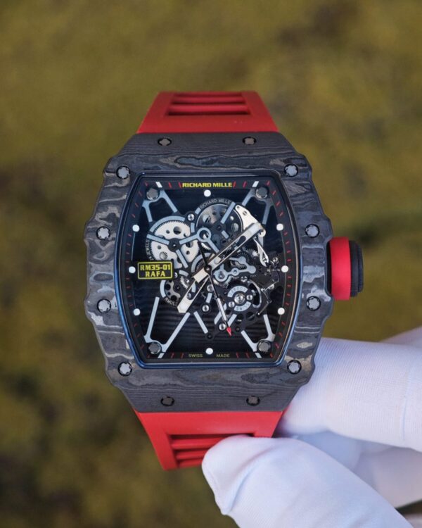 Richard Mille RM35-01 Red, original Parmigiani movement modified, custom imported carbon fiber case, paired with red imported natural rubber strap, reference-accuratecustom black plated titanium buckle — custom-built watch