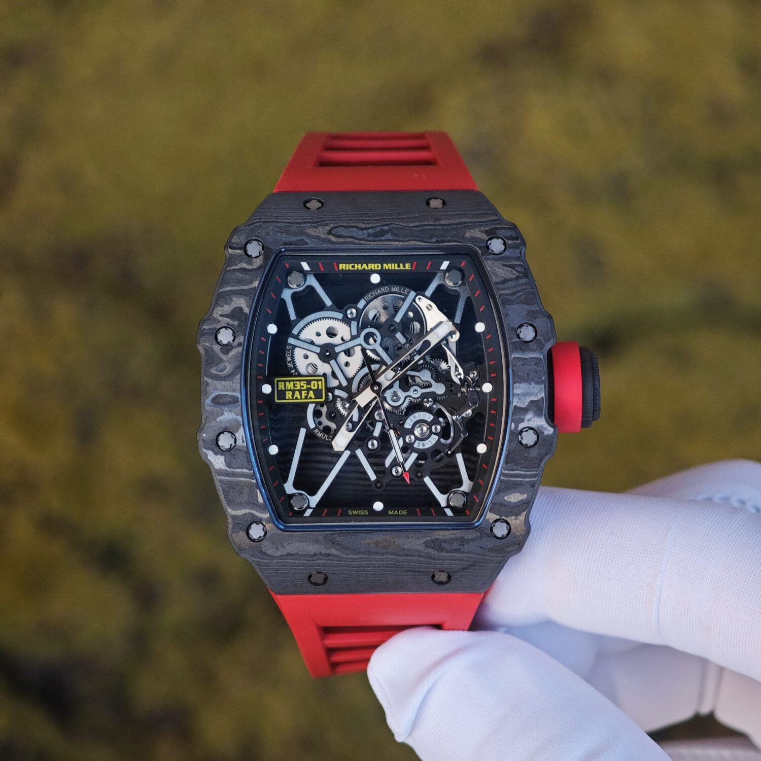 Richard Mille RM35-01 Red, original Parmigiani movement modified, custom imported carbon fiber case, paired with red imported natural rubber strap, reference-accuratecustom black plated titanium buckle — custom-built watch