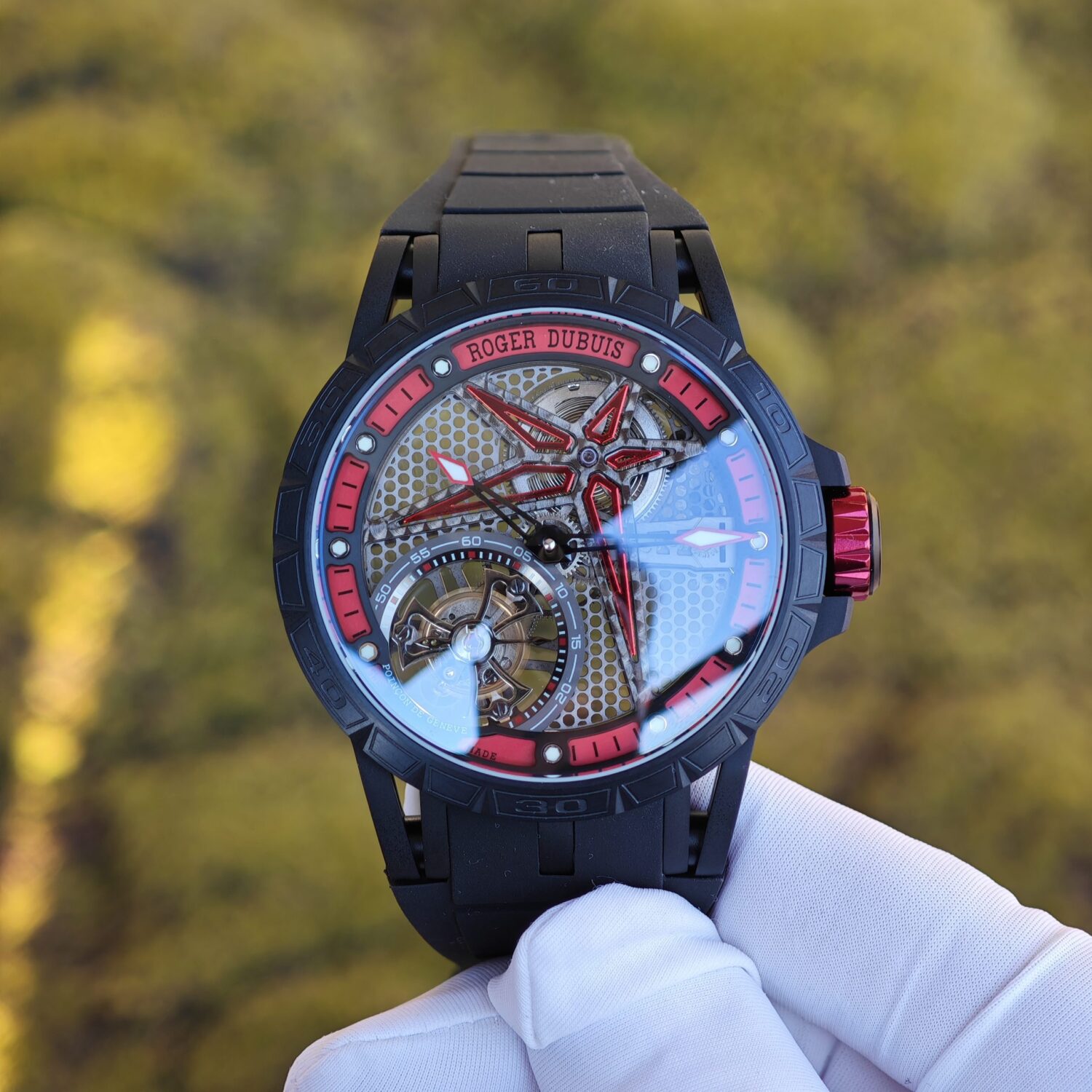 Roger Dubuis King Racing RDDBEX0817, custom titanium case, natural black rubber strap, custom integrated movement — custom-built watch