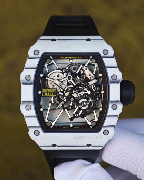 Richard Mille RM35-01 white, original Parmigiani movement modified, imported quartz TPT from Japan ® Customized case made of composite material, paired with black imported natural rubber strap, reference-accuratecustomized titanium buckle — custom-built watch