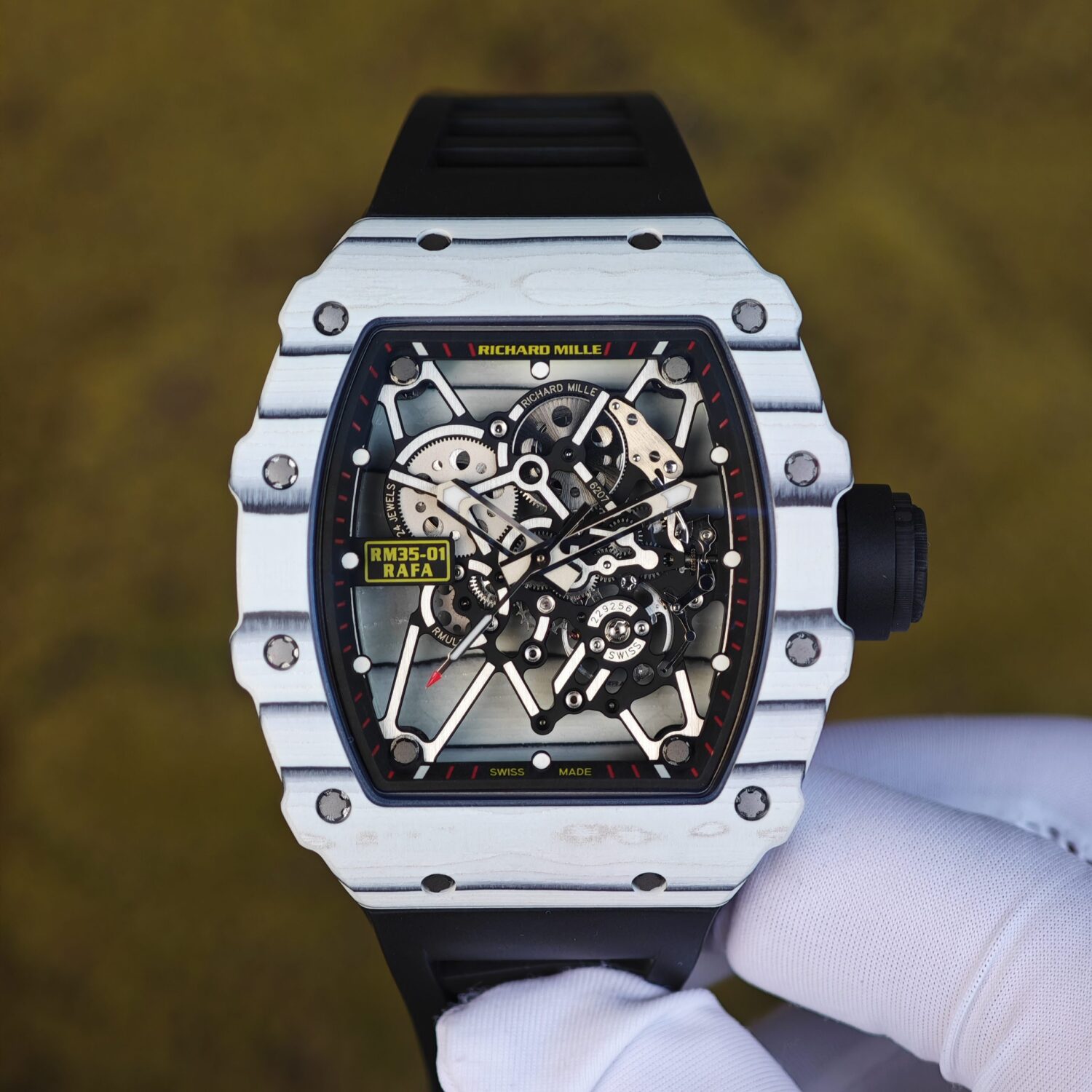 Richard Mille RM35-01 white, original Parmigiani movement modified, imported quartz TPT from Japan ® Customized case made of composite material, paired with black imported natural rubber strap, reference-accuratecustomized titanium buckle — custom-built watch