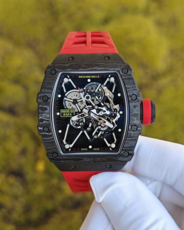 BBR Factory Edition Richard Mille RM35-01 Red, Original Data Mold Customized Movement, Carbon Fiber Case, Paired with Red Rubber Strap, Stainless Steel Plated Black Buckle — custom-built watch