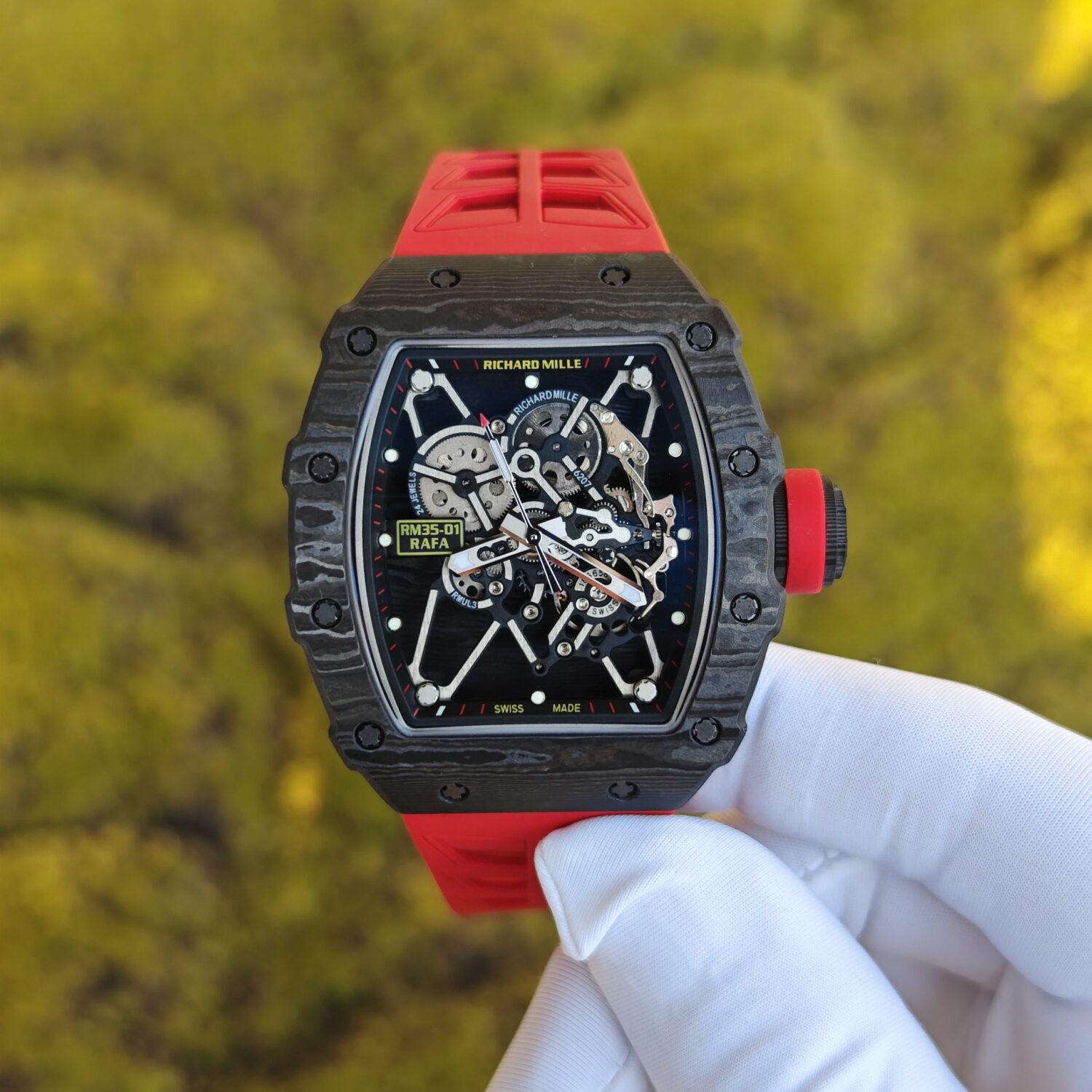 BBR Factory Edition Richard Mille RM35-01 Red, Original Data Mold Customized Movement, Carbon Fiber Case, Paired with Red Rubber Strap, Stainless Steel Plated Black Buckle — custom-built watch