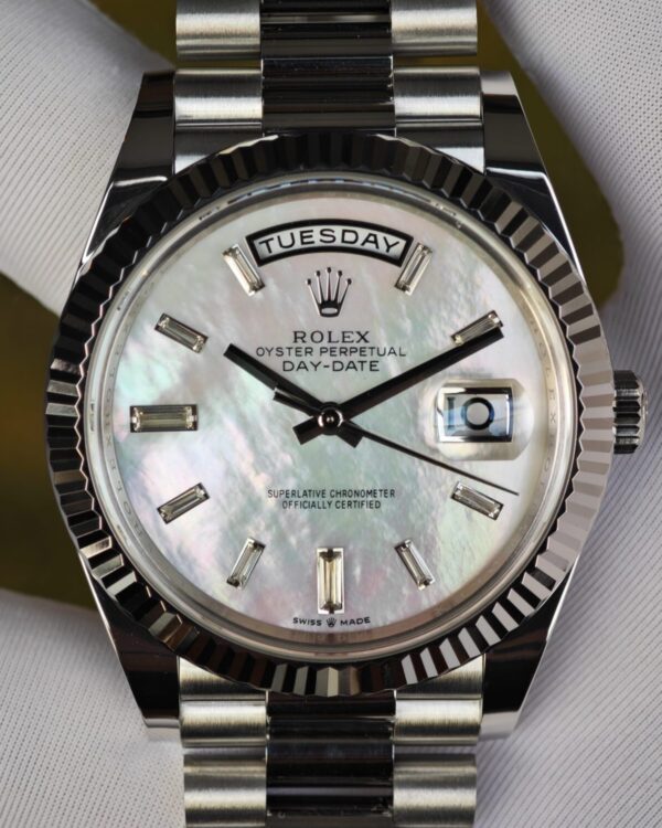 Rolex Day Date model m128239, diameter 36mm, custom best inlaid diamond scale white mother of pearl dial, best alternative pointer, custom best week display, stainless steel electroplated platinum case and strap — custom-built watch