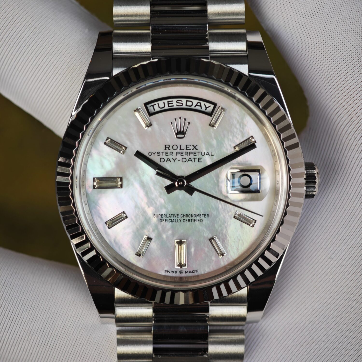 Rolex Day Date model m128239, diameter 36mm, custom best inlaid diamond scale white mother of pearl dial, best alternative pointer, custom best week display, stainless steel electroplated platinum case and strap — custom-built watch