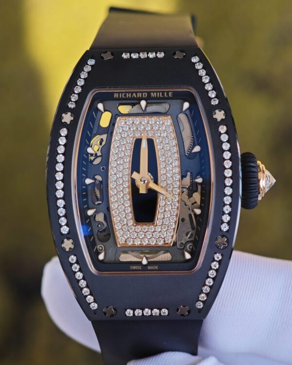 Customized Richard Mille RM 07-01 ladies’ series watch, featuring an imported black ceramic case, inlaid with natural diamonds, and a reference-accuratecustomized integrated movement — custom-built watch