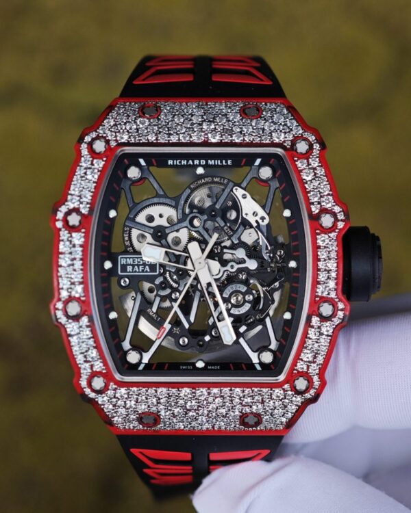 Richard Mille RM35-02 Snowflake Diamond Edition, featuring a modified base Parmigiani movement, custom imported red carbon fiber case, hand-set natural diamonds, custom black and red rubber strap, and a reference-accuratecustom titanium buckle. — custom-built watch
