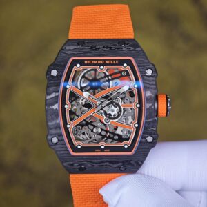 Richard Mille 67-02 Orange Storm, bespoke CRMA7 movement, carbon fiber case, orange nylon strap, paired with a Velcro strap — custom-built watch