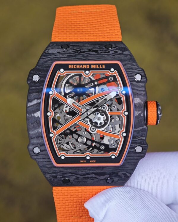 Richard Mille 67-02 Orange Storm, bespoke CRMA7 movement, carbon fiber case, orange nylon strap, paired with a Velcro strap — custom-built watch