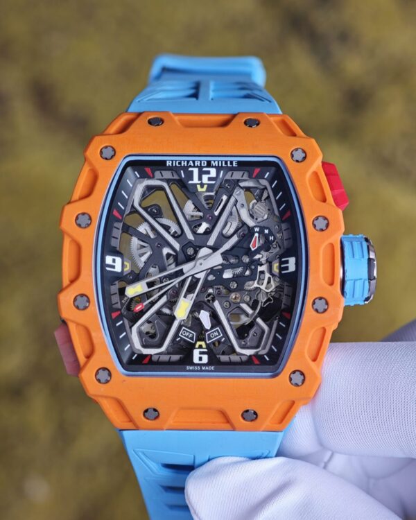 Richard Mille RM35-03 Salmon Yellow, customized Parmigiani movement, all functions are authentic and usable, with a deployable butterfly rotor, customized imported carbon fiber case, paired with a blue natural rubber strap. — custom-built watch