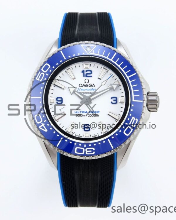 Omega SEAMASTER PLANET OCEAN 6000M ULTRA DEEP 45.5MM SS TF reference-accurate WHITE DIAL BLUE BEZEL ON RUBBER STRAP A2824 — custom-built watch