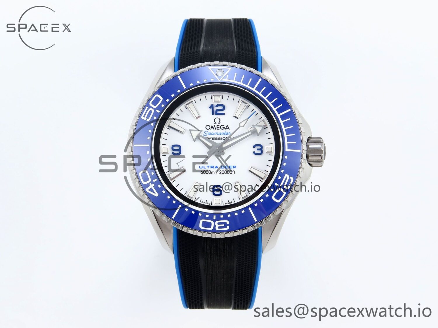 Omega SEAMASTER PLANET OCEAN 6000M ULTRA DEEP 45.5MM SS TF reference-accurate WHITE DIAL BLUE BEZEL ON RUBBER STRAP A2824 — custom-built watch