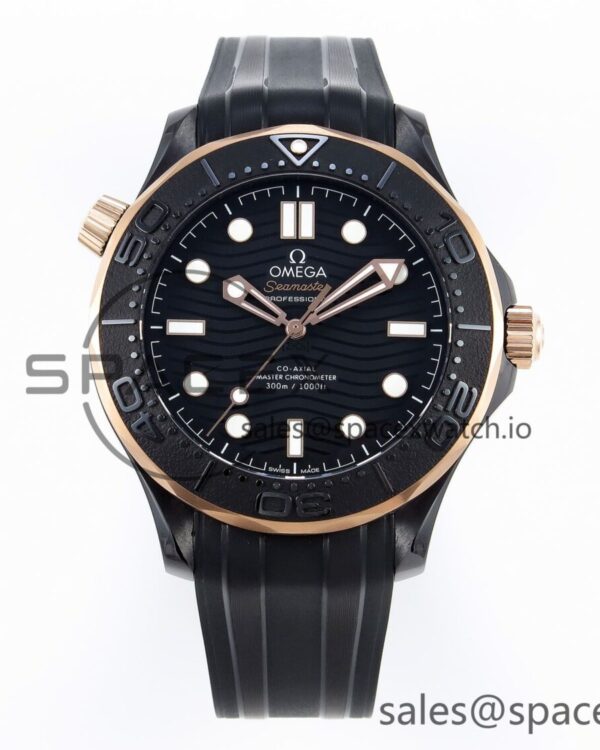 SEAMASTER 300M 43.5MM BLACK CERAMIC VSF reference-accurate BLACK DIAL RG BEZEL ON BLACK RUBBER STRAP A8806 — custom-built watch