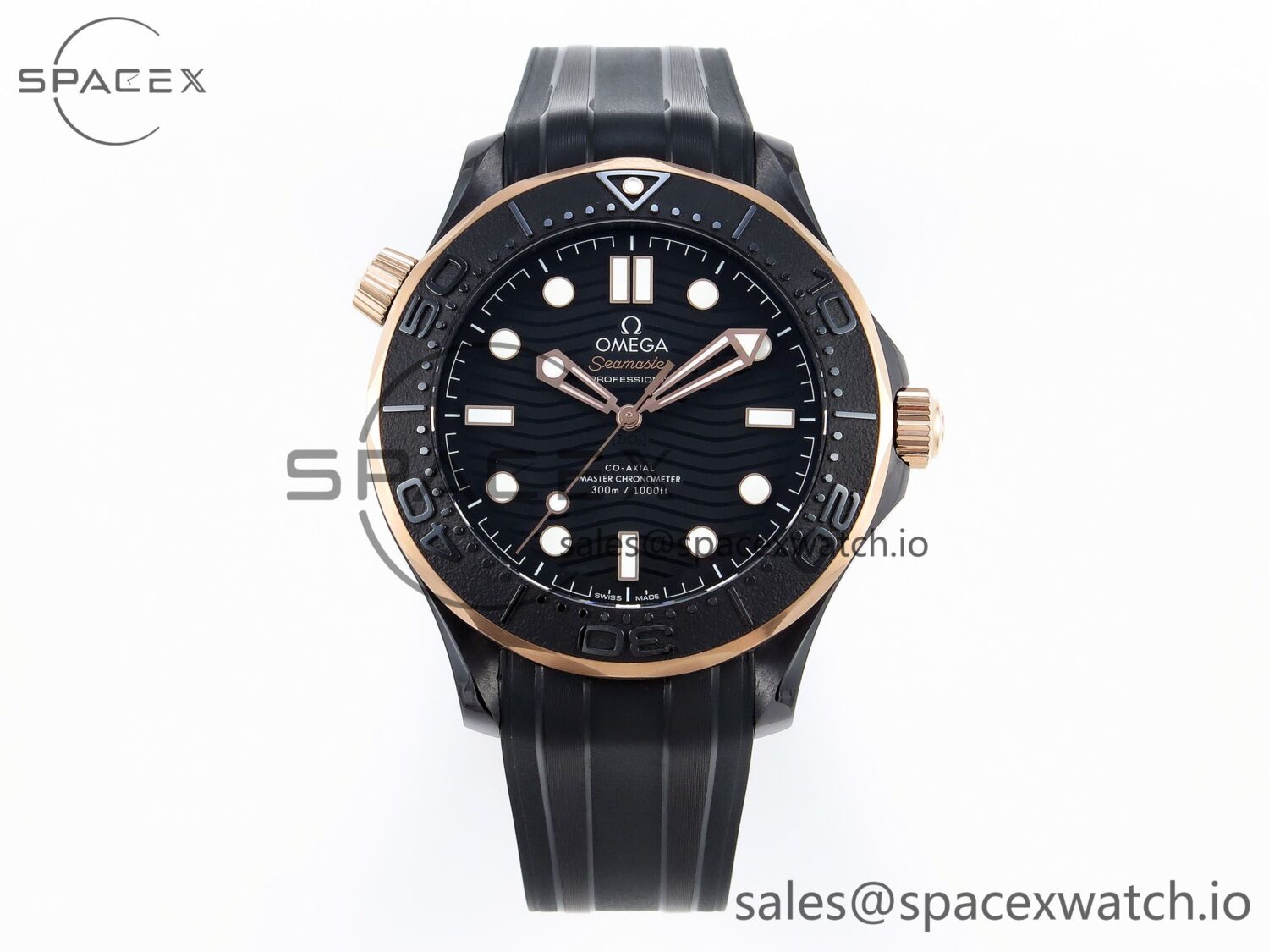 SEAMASTER 300M 43.5MM BLACK CERAMIC VSF reference-accurate BLACK DIAL RG BEZEL ON BLACK RUBBER STRAP A8806 — custom-built watch