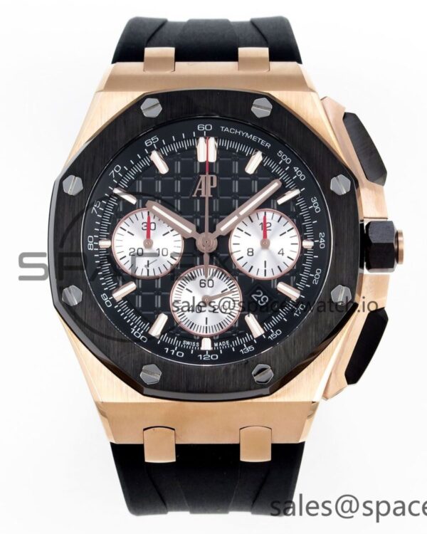 Audermars Piguet Royal Oak Offshore 44mm RG Black Ceramic Bezel APF reference-accurate Black/Silver Dial on Black Rubber Strap A4401 — custom-built watch