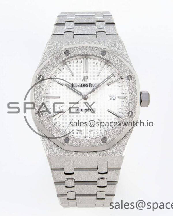 Audermars Piguet Royal Oak 41mm Frosted SS APSF reference-accurate White Textured Dial on SS Bracelet SA3120 hand-finished build — custom-built watch
