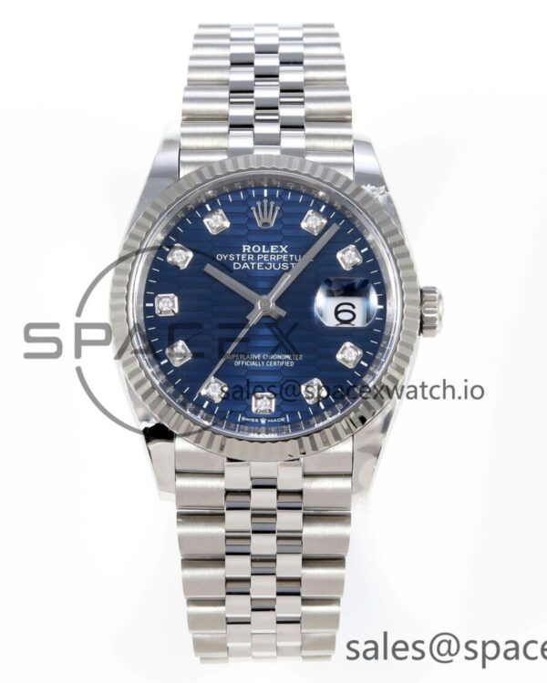 Rolex DateJust 36 126234 Clean reference-accurate 904L Steel Blue Textured Diamonds Dial on Jubilee Bracelet VR3235 — custom-built watch
