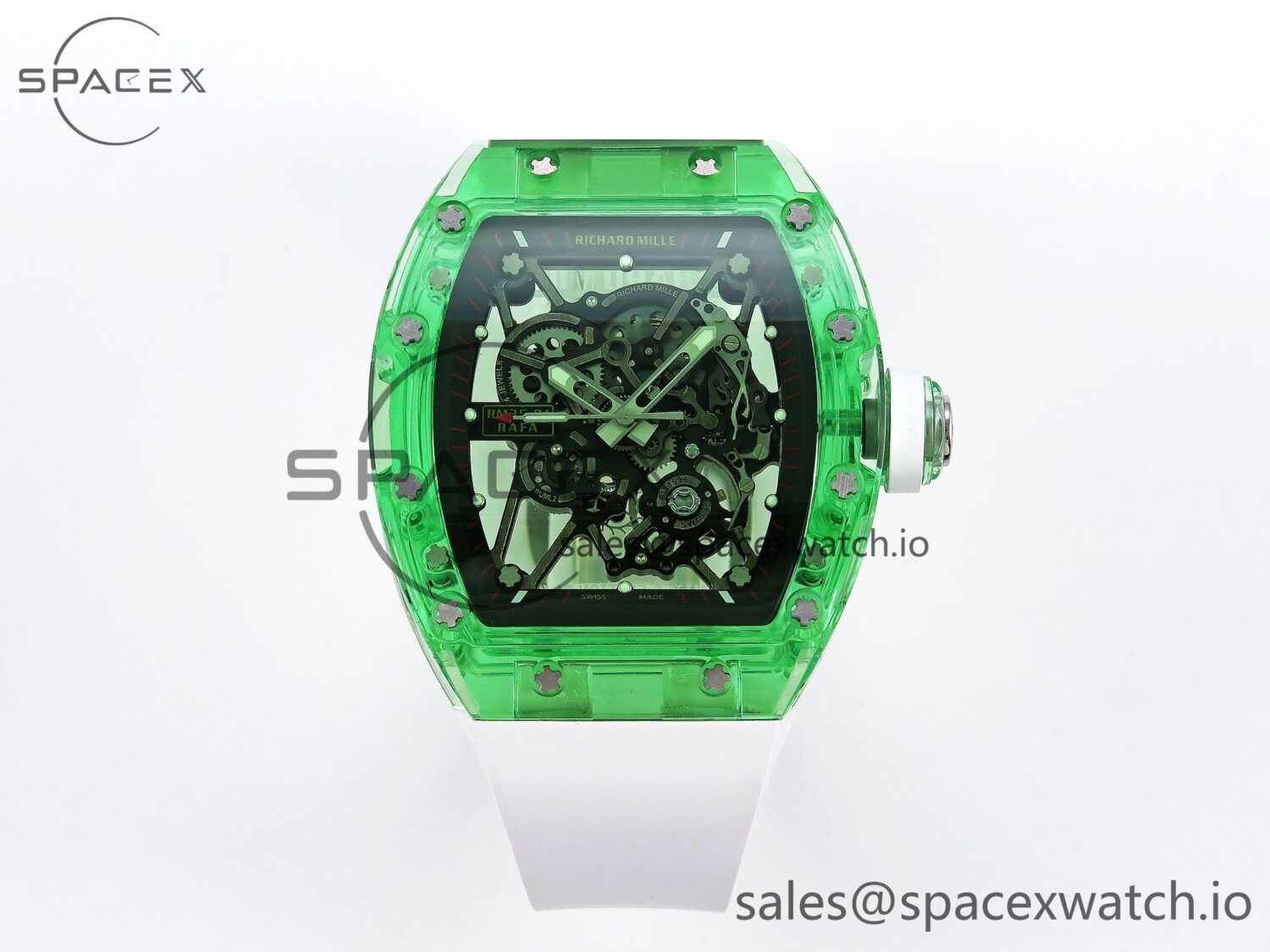 Richard Mille RM035 Green Transparent RMF Best Edition Skeleton Dial on White Rubber Strap build RMUL2 — custom-built watch