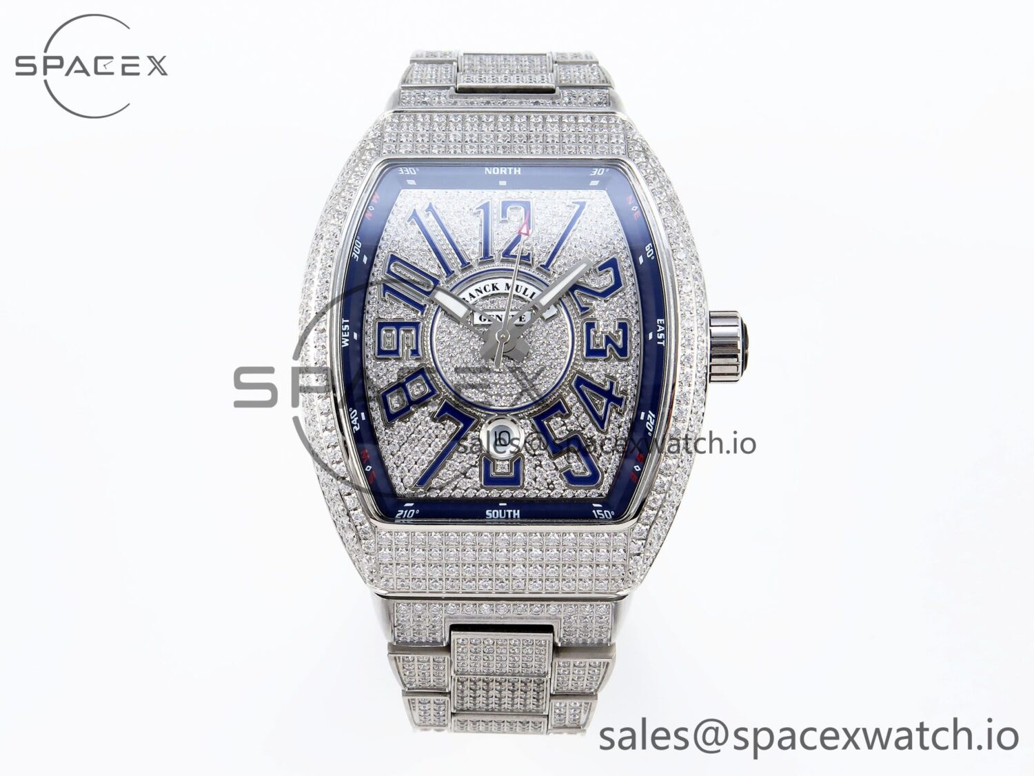 Franck Muller Vanguard SS Full Diamonds ABF Best Edition Diamonds Blue Dial on Diamonds Bracelet A2824 — custom-built watch