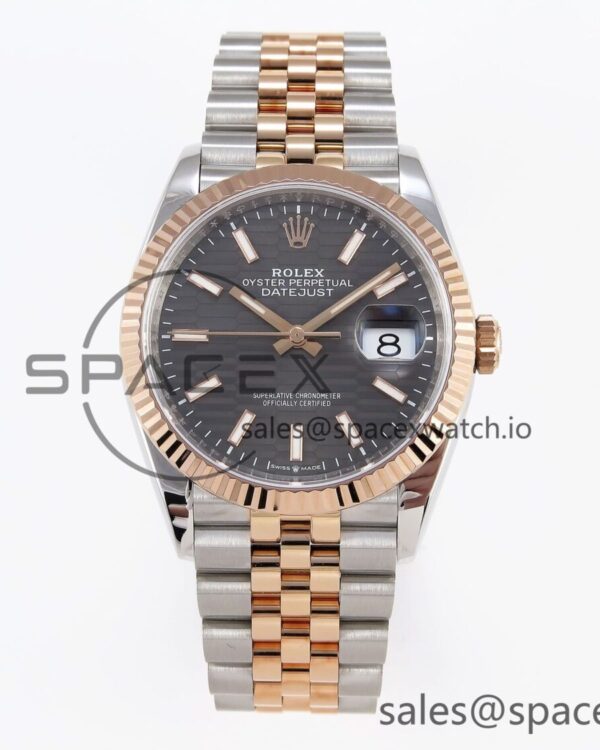 Rolex DateJust 36 SS/RG 126231 VSF reference-accurate 904L Steel Gray Textured Stick Dial on Jubilee Bracelet VS3235 — custom-built watch
