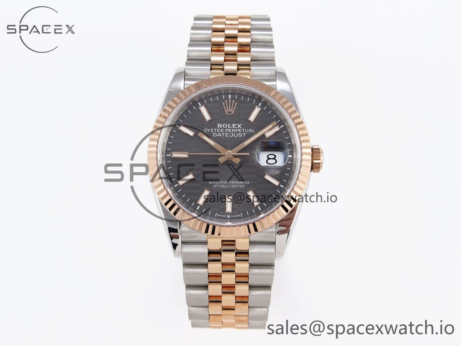 Rolex DateJust 36 SS/RG 126231 VSF reference-accurate 904L Steel Gray Textured Stick Dial on Jubilee Bracelet VS3235 — custom-built watch
