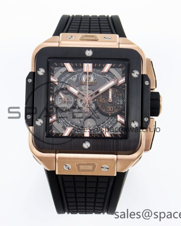 Hublot Square Bang Unico 42mm RG BBF reference-accurate Skeleton Dial Ceramic Bezel on Black Rubber Strap A1280 — custom-built watch