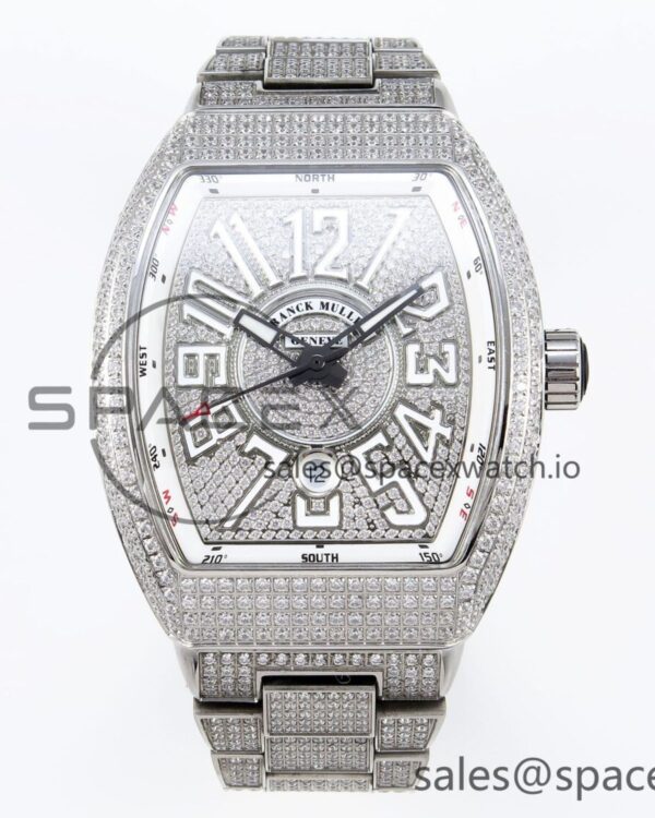 Franck Muller Vanguard SS Full Diamonds ABF Best Edition Diamonds White Dial on Diamonds Bracelet A2824 — custom-built watch