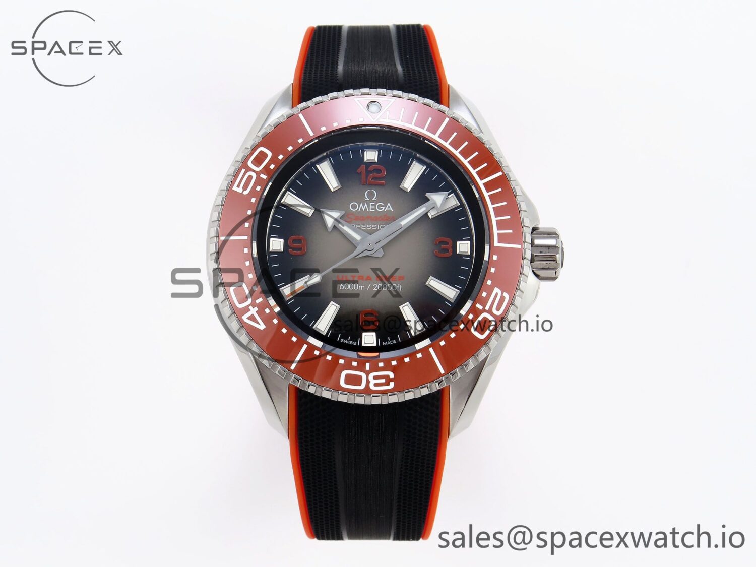 Omega SEAMASTER PLANET OCEAN 6000M ULTRA DEEP 45.5MM SS TF reference-accurate GRAY DIAL ORANGE BEZEL ON RUBBER STRAP A2824 — custom-built watch