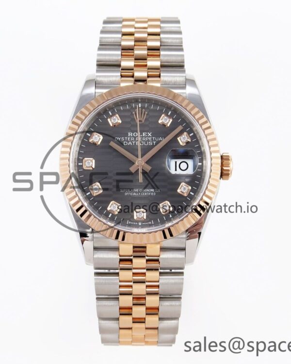 Rolex DateJust 36 SS/RG 126231 VSF reference-accurate 904L Steel Gray Textured Diamonds Dial on Jubilee Bracelet VS3235 — custom-built watch