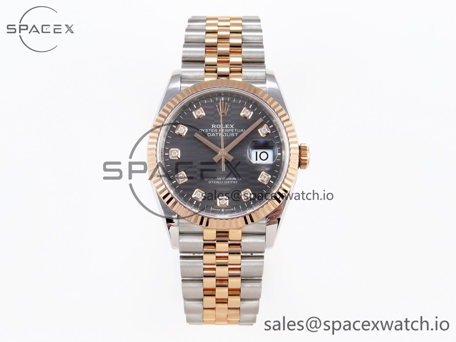 Rolex DateJust 36 SS/RG 126231 VSF reference-accurate 904L Steel Gray Textured Diamonds Dial on Jubilee Bracelet VS3235 — custom-built watch